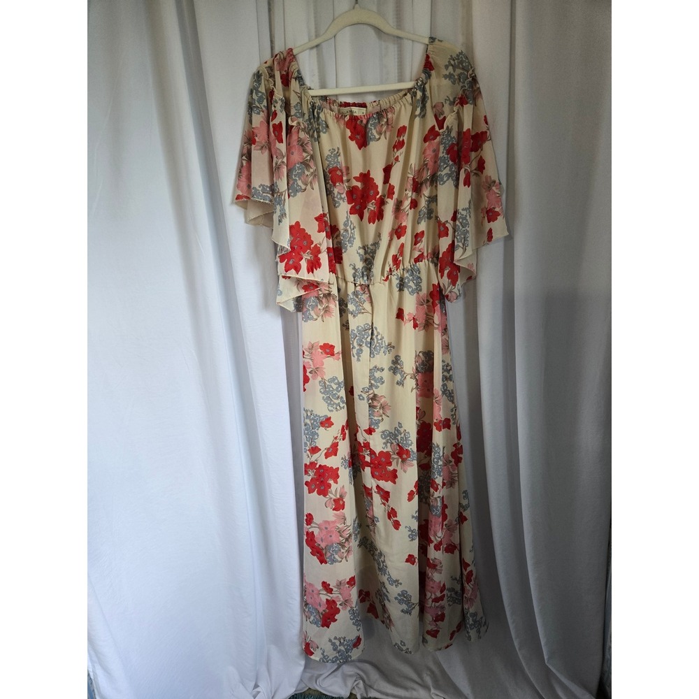 Lalla Nissa Floral Maxi Dress Cream Red Pink Butterfly Sleeve Boho Lined Medium